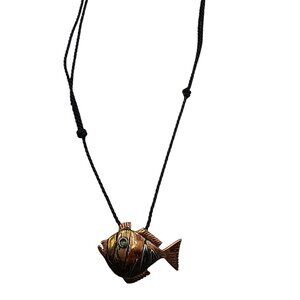 Handmade Copper Fish Necklace, Artisan Jewelry, Adjustable Macrame Cord